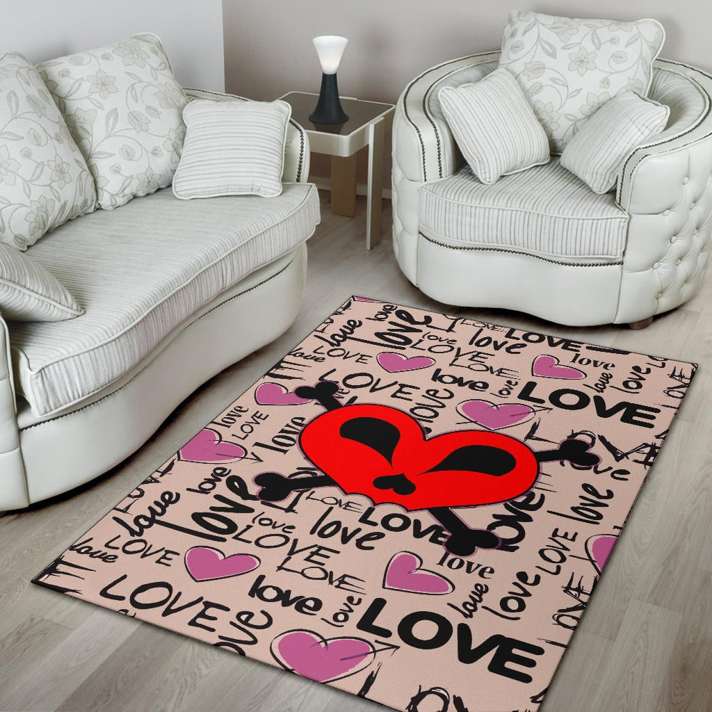 Love Area Rug - Love Text Patterns Skull Heart Symbol Rugs Home Decor