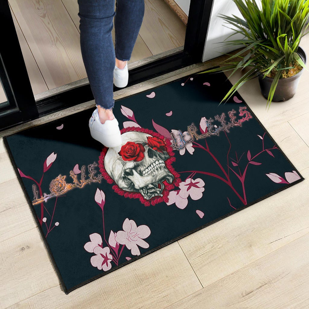 Valentine Door Mat - Skull With Red Roses Love In Your Eyes Door Mat Home Decor