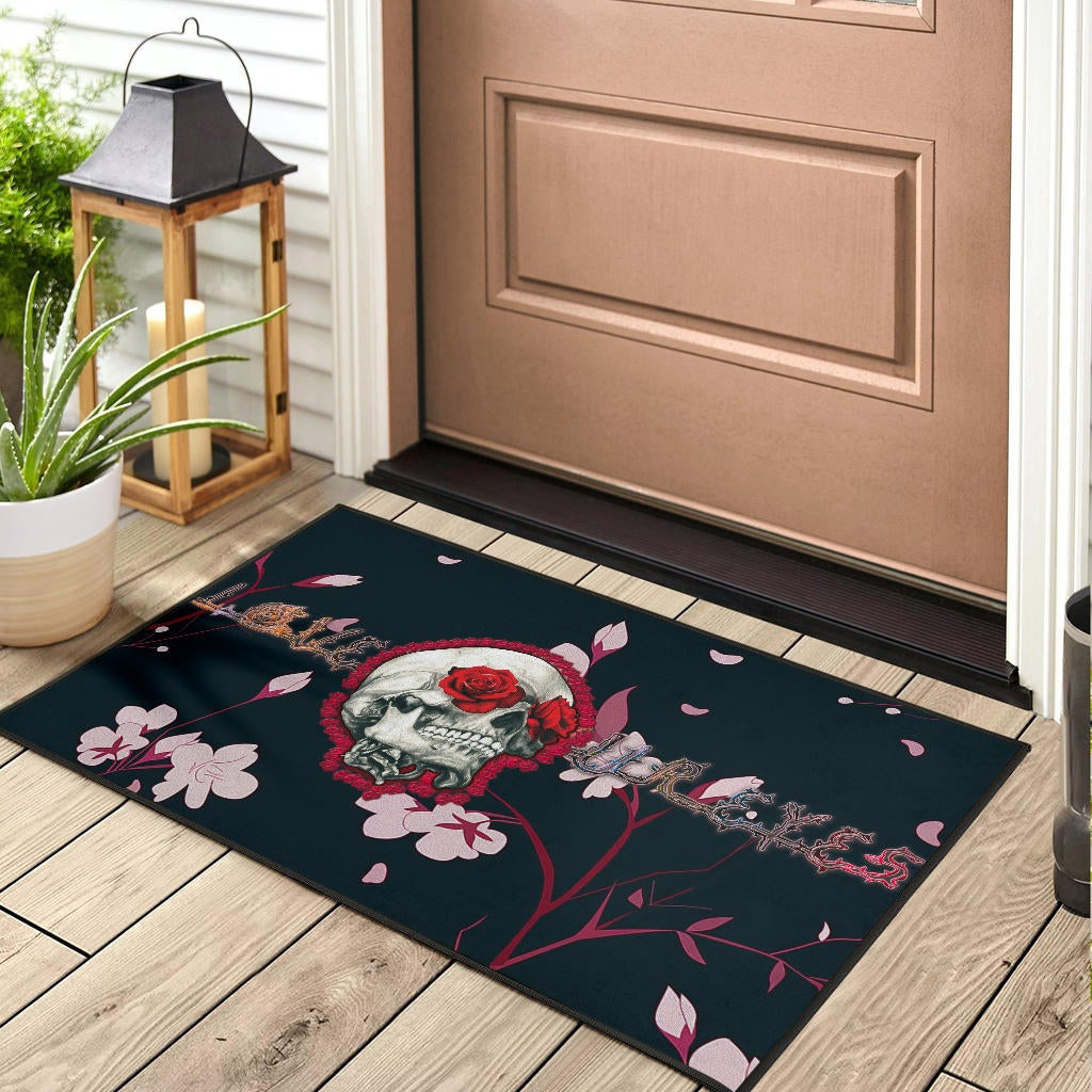 Valentine Door Mat - Skull With Red Roses Love In Your Eyes Door Mat Home Decor
