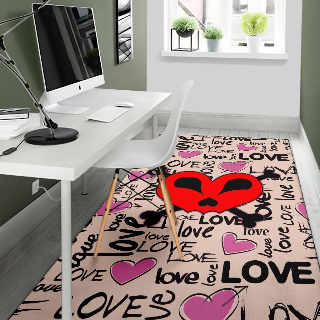 Love Area Rug - Love Text Patterns Skull Heart Symbol Rugs Home Decor