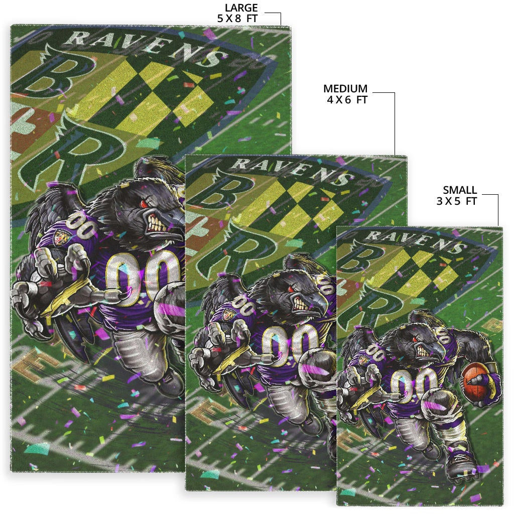Baltimore Ravens American Football Team Area Rug Angry Muscle Raven Holding Rugby Ball Running On Field Rugs Home Decor