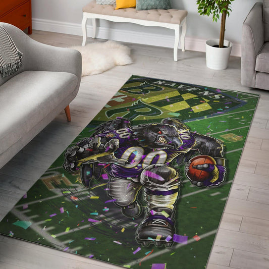 Baltimore Ravens American Football Team Area Rug Angry Muscle Raven Holding Rugby Ball Running On Field Rugs Home Decor
