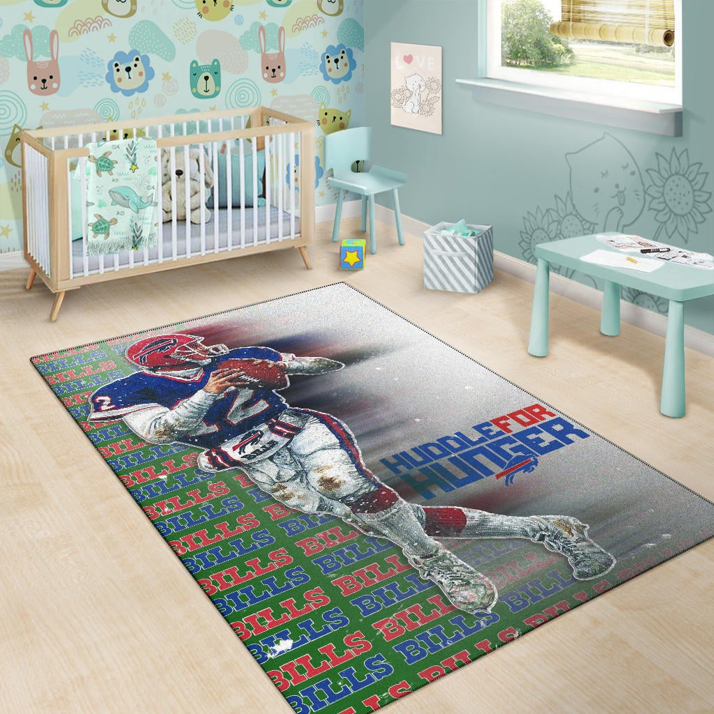 Buffalo Bills American Football Team Area Rug Jim Kelly Catching Ball And Running Huddle For Hunger Rugs Home Decor