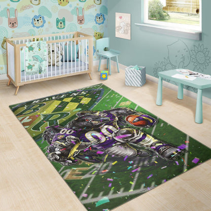 Baltimore Ravens American Football Team Area Rug Angry Muscle Raven Holding Rugby Ball Running On Field Rugs Home Decor
