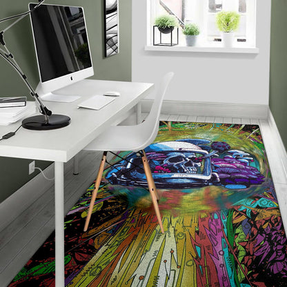 Skull Area Rug - Skull Wearing Helmet Moto Racing Rugs Home Decor
