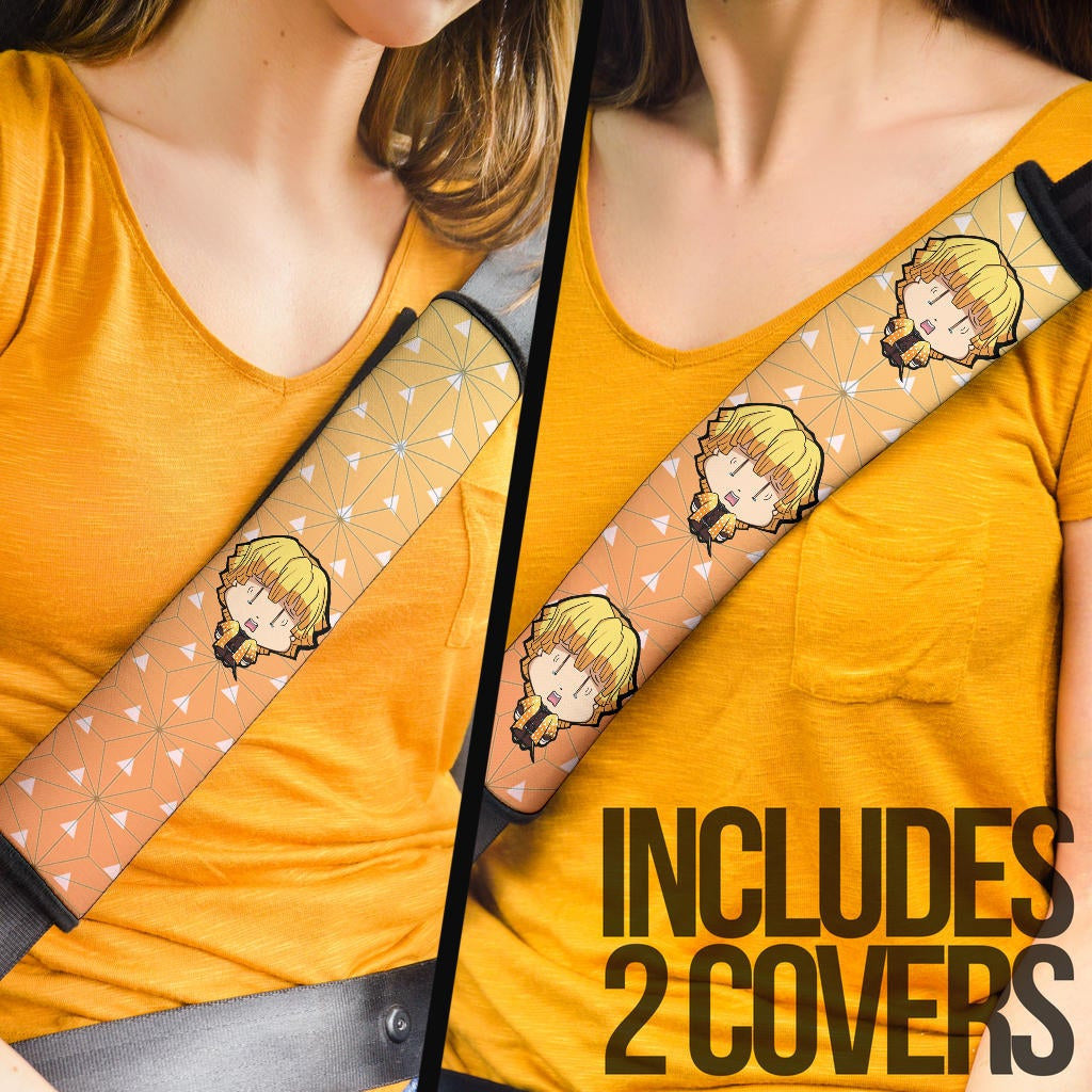 Demon Slayer Anime Seat Belt Covers - Cute Chibi Agatsuma Zenitsu Crying Yellow Cloak Patterns Belt Covers