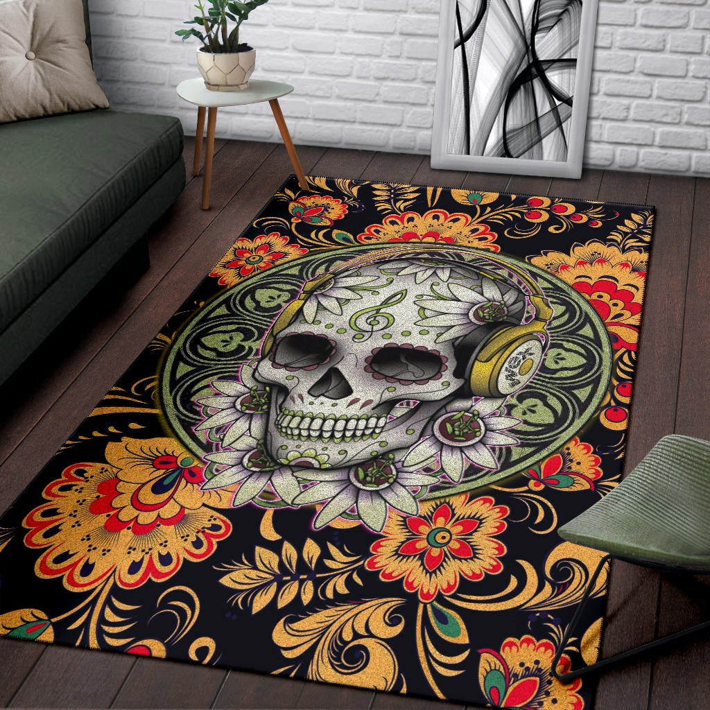 Valentine Area Rug - Mandala Skull Wearing Headphones Orange Artwork Rugs Home Decor