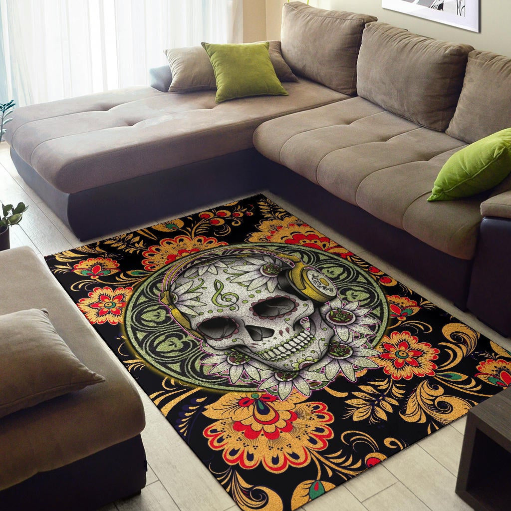 Valentine Area Rug - Mandala Skull Wearing Headphones Orange Artwork Rugs Home Decor