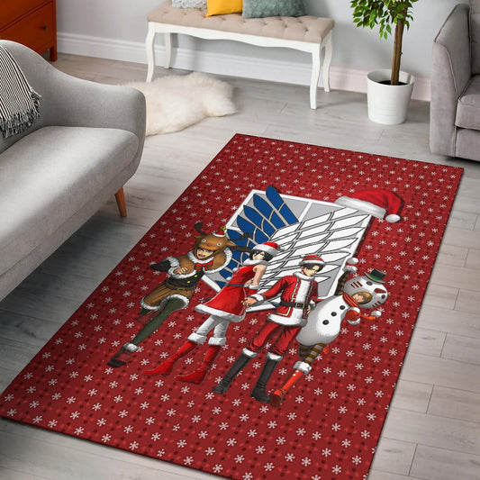 Attack On Titan Anime Area Rug - AOT Merry Christmas Outfit Santa Snowman Reindeer Rugs Home Decor