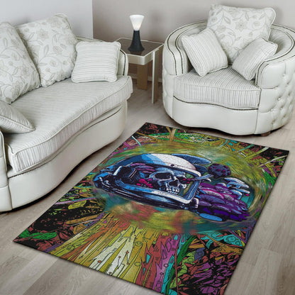 Skull Area Rug - Skull Wearing Helmet Moto Racing Rugs Home Decor