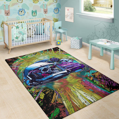 Skull Area Rug - Skull Wearing Helmet Moto Racing Rugs Home Decor