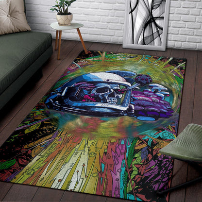 Skull Area Rug - Skull Wearing Helmet Moto Racing Rugs Home Decor