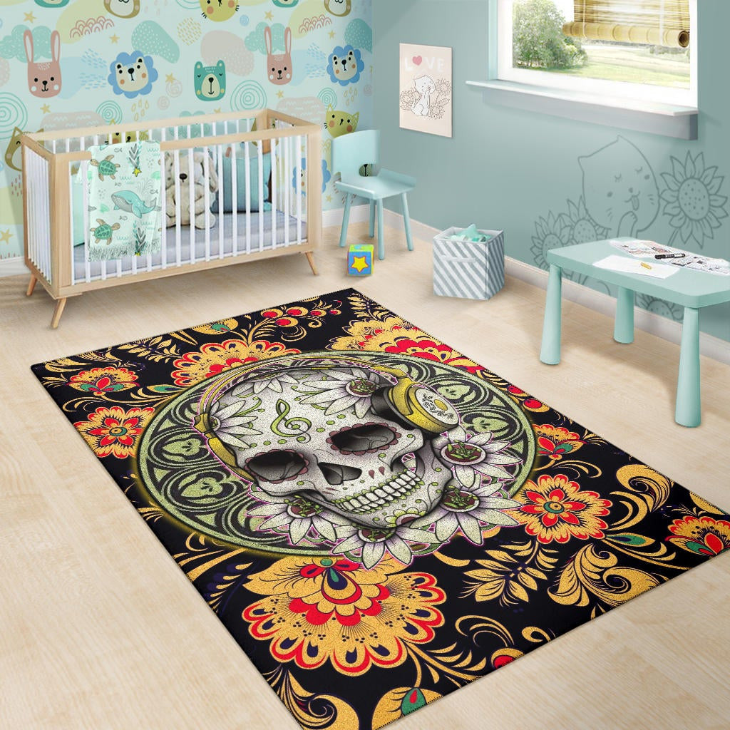 Valentine Area Rug - Mandala Skull Wearing Headphones Orange Artwork Rugs Home Decor
