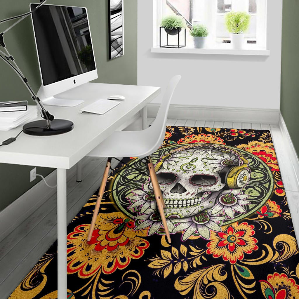 Valentine Area Rug - Mandala Skull Wearing Headphones Orange Artwork Rugs Home Decor