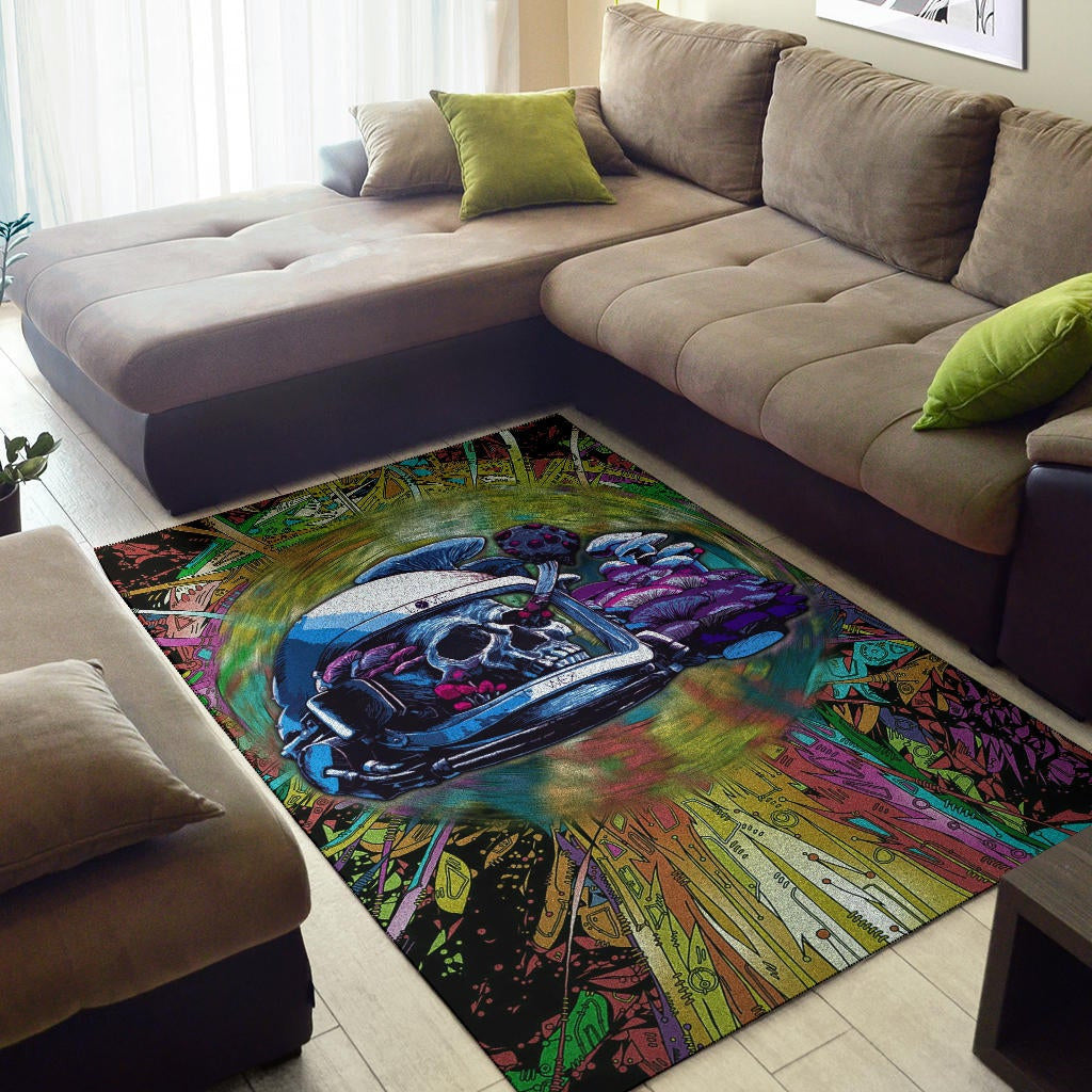 Skull Area Rug - Skull Wearing Helmet Moto Racing Rugs Home Decor