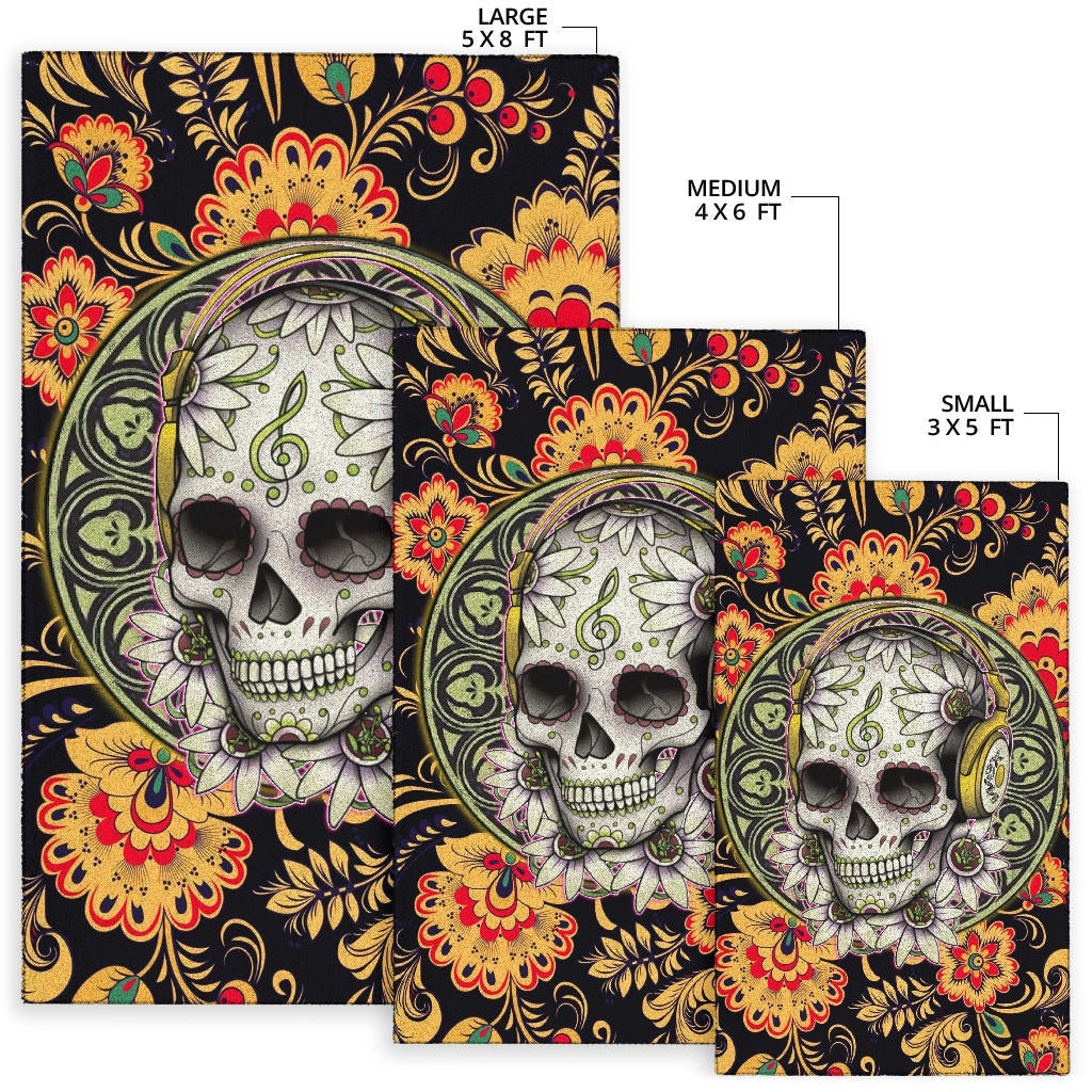 Valentine Area Rug - Mandala Skull Wearing Headphones Orange Artwork Rugs Home Decor