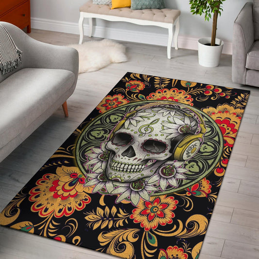 Valentine Area Rug - Mandala Skull Wearing Headphones Orange Artwork Rugs Home Decor