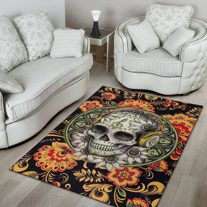 Valentine Area Rug - Mandala Skull Wearing Headphones Orange Artwork Rugs Home Decor