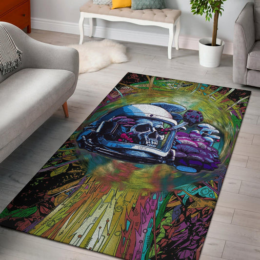 Skull Area Rug - Skull Wearing Helmet Moto Racing Rugs Home Decor
