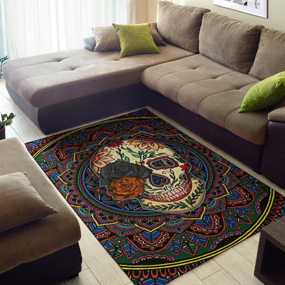 Valentine Area Rug - Colored Mandala Skull Background Roses From Eye Rugs Home Decor