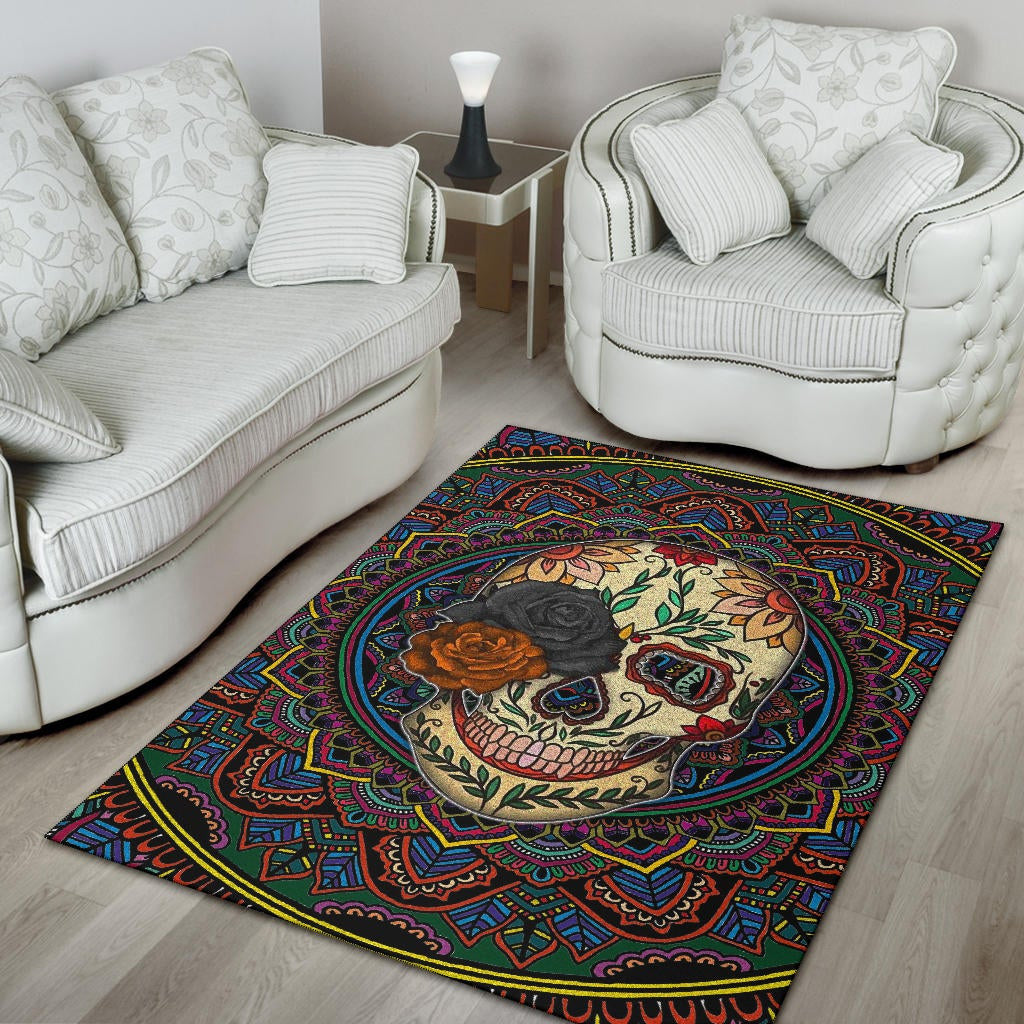 Valentine Area Rug - Colored Mandala Skull Background Roses From Eye Rugs Home Decor