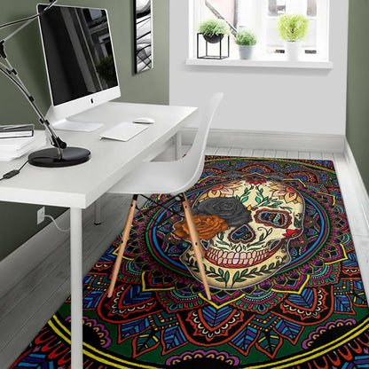Valentine Area Rug - Colored Mandala Skull Background Roses From Eye Rugs Home Decor