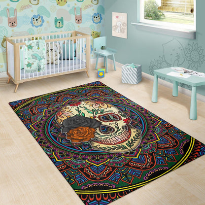 Valentine Area Rug - Colored Mandala Skull Background Roses From Eye Rugs Home Decor