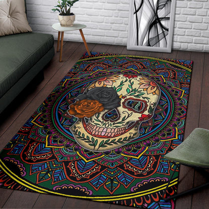 Valentine Area Rug - Colored Mandala Skull Background Roses From Eye Rugs Home Decor