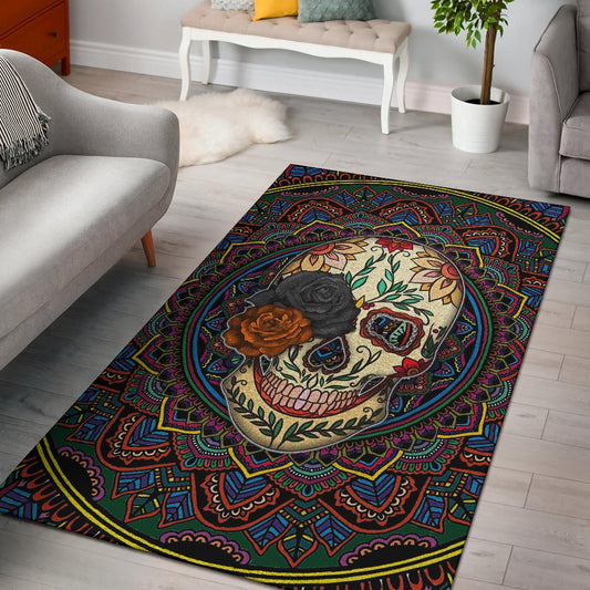 Valentine Area Rug - Colored Mandala Skull Background Roses From Eye Rugs Home Decor