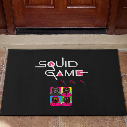 Squid Game Movie Door Mat Squid Worker With Black Masked Man Boss Colorful Artwork Door Mat Home Decor