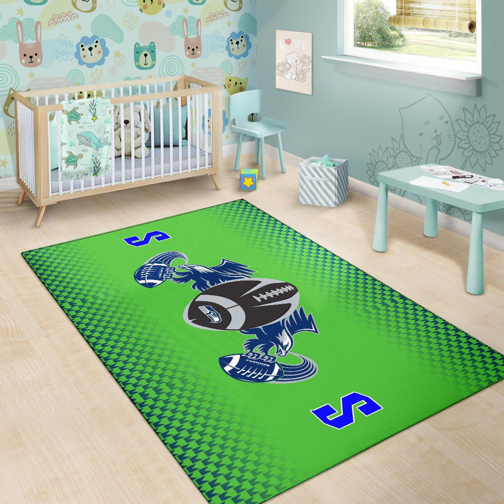 American Football Team Area Rug - Seattle Seahawks With Wings Rugby Balls Green Rugs Home Decor