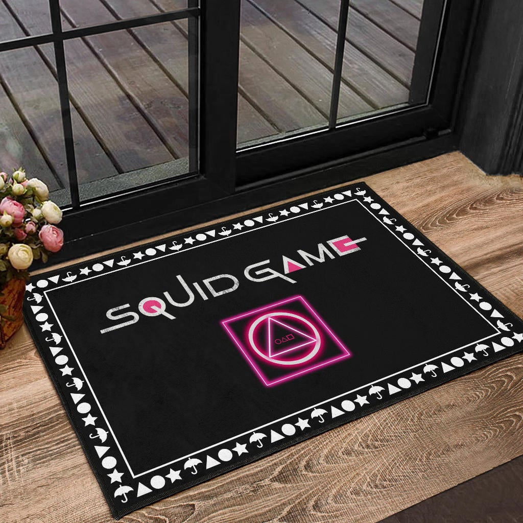 Squid Game Movie Door Mat Neon Squid Symbols Round Square Triangle Umbrella Patterns Door Mat Home Decor