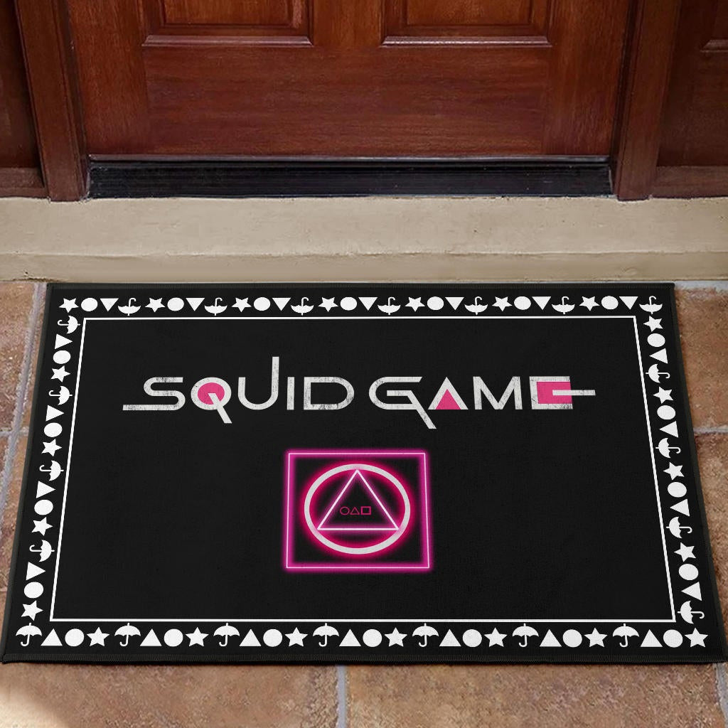 Squid Game Movie Door Mat Neon Squid Symbols Round Square Triangle Umbrella Patterns Door Mat Home Decor