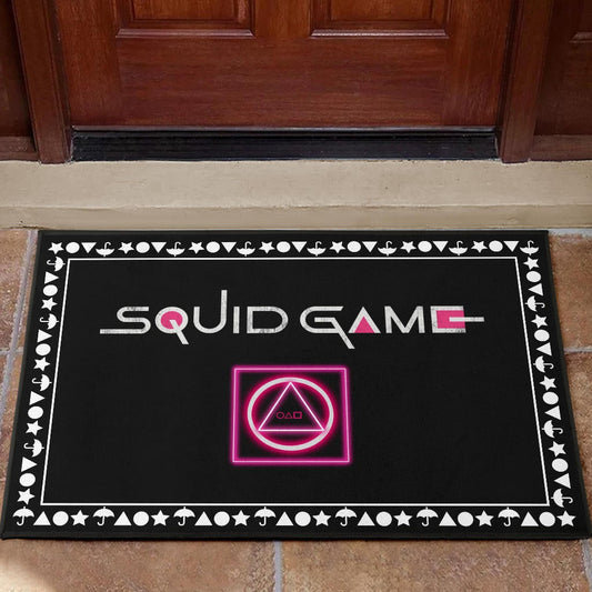 Squid Game Movie Door Mat Neon Squid Symbols Round Square Triangle Umbrella Patterns Door Mat Home Decor