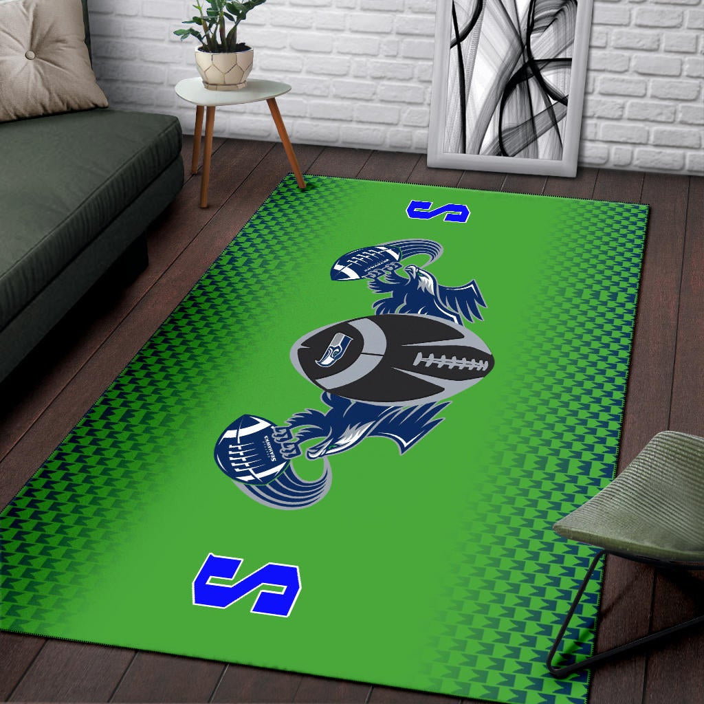American Football Team Area Rug - Seattle Seahawks With Wings Rugby Balls Green Rugs Home Decor