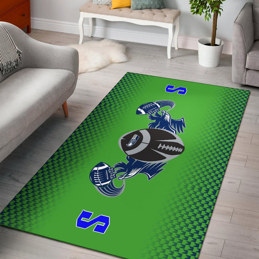 American Football Team Area Rug - Seattle Seahawks With Wings Rugby Balls Green Rugs Home Decor