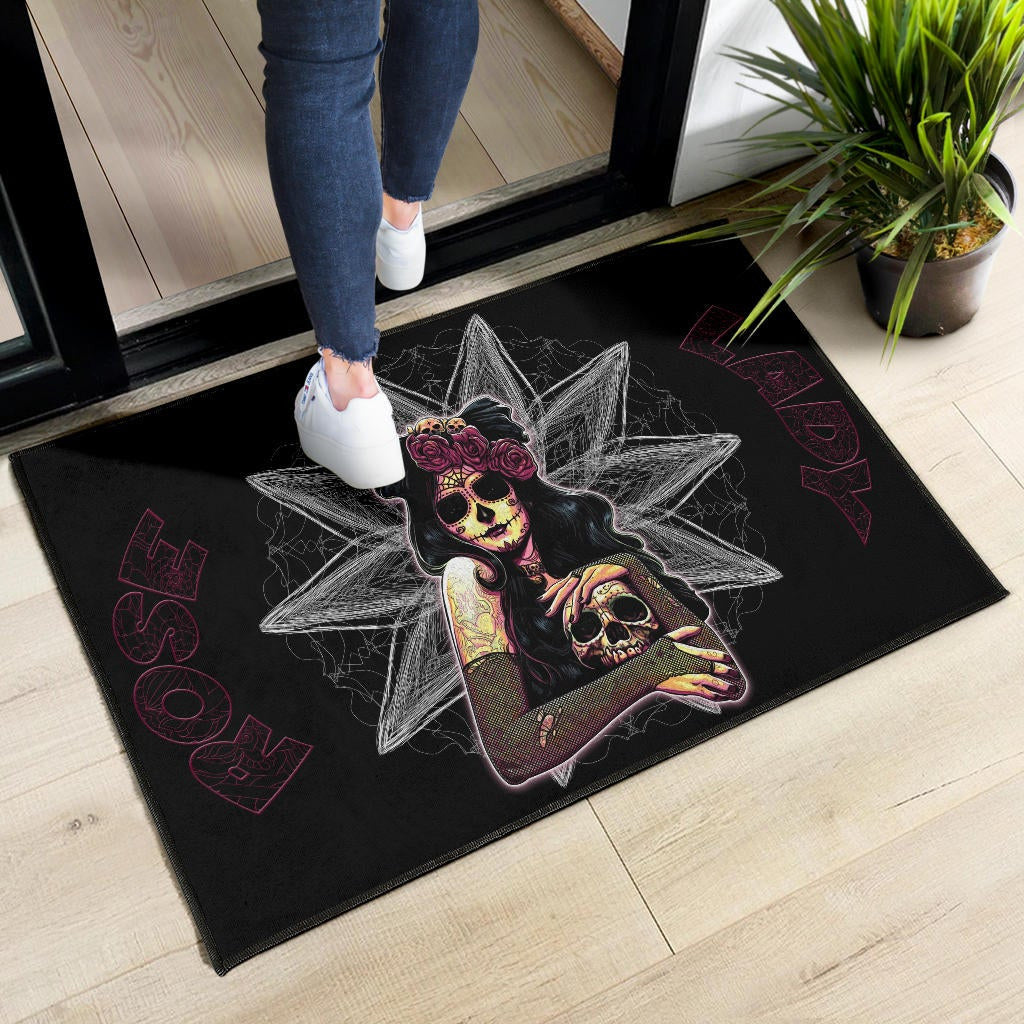 Skull Door Mat - Pretty Death Rose Lady Hug Skull Head Door Mat Home Decor