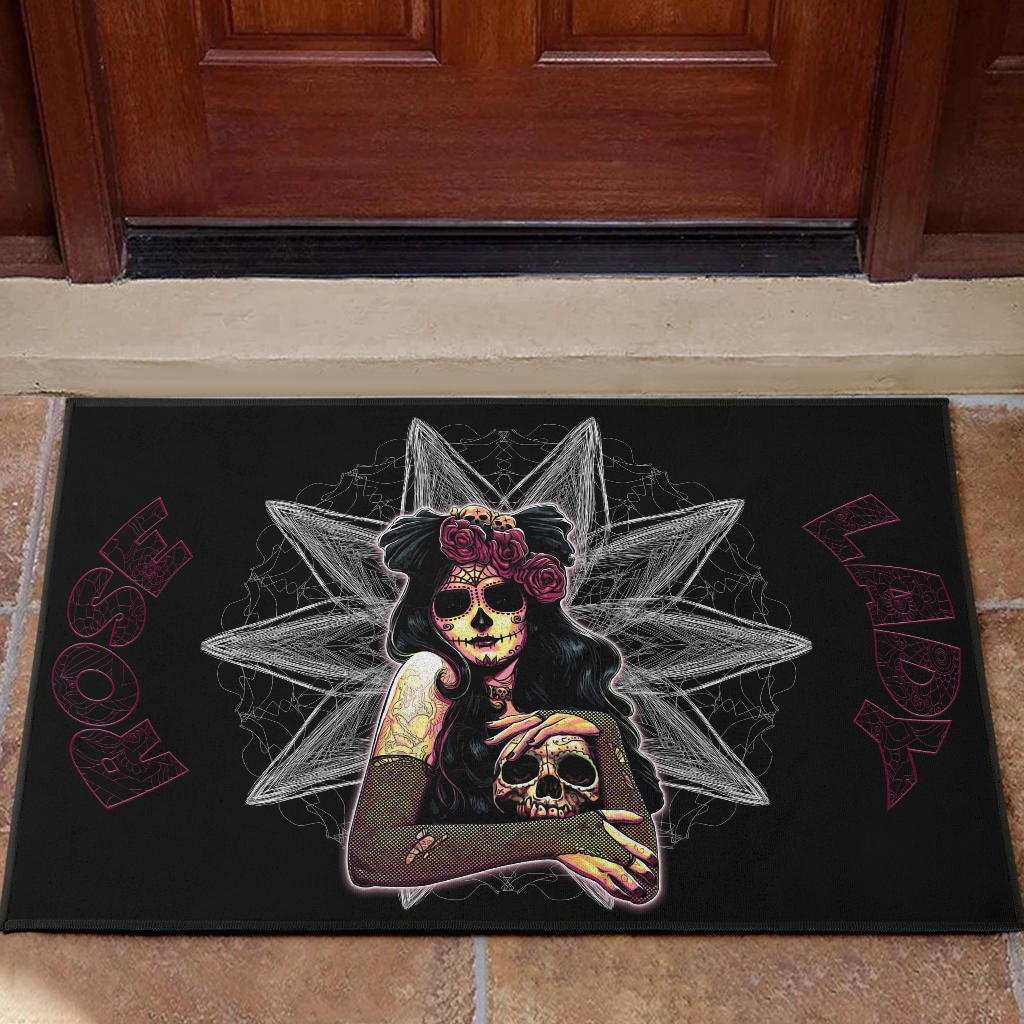Skull Door Mat - Pretty Death Rose Lady Hug Skull Head Door Mat Home Decor