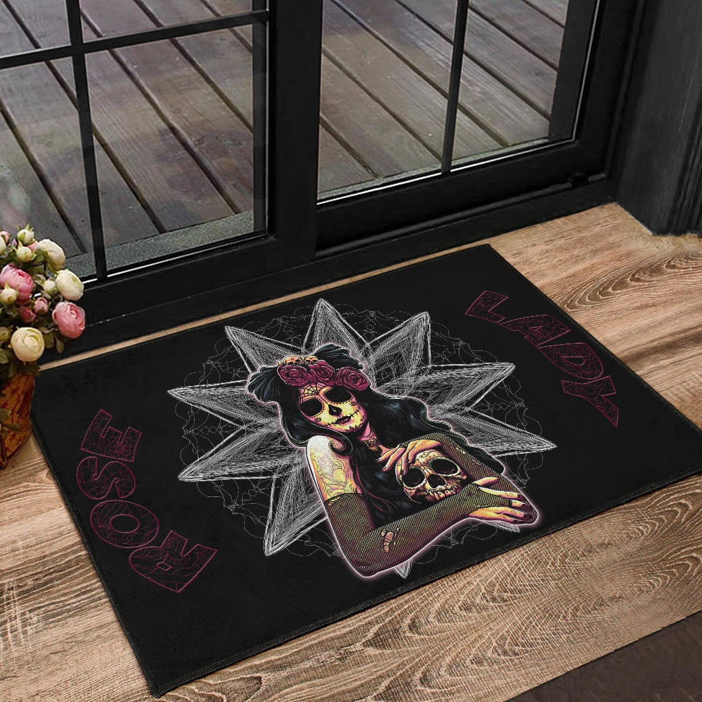 Skull Door Mat - Pretty Death Rose Lady Hug Skull Head Door Mat Home Decor