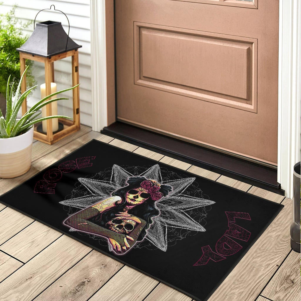 Skull Door Mat - Pretty Death Rose Lady Hug Skull Head Door Mat Home Decor