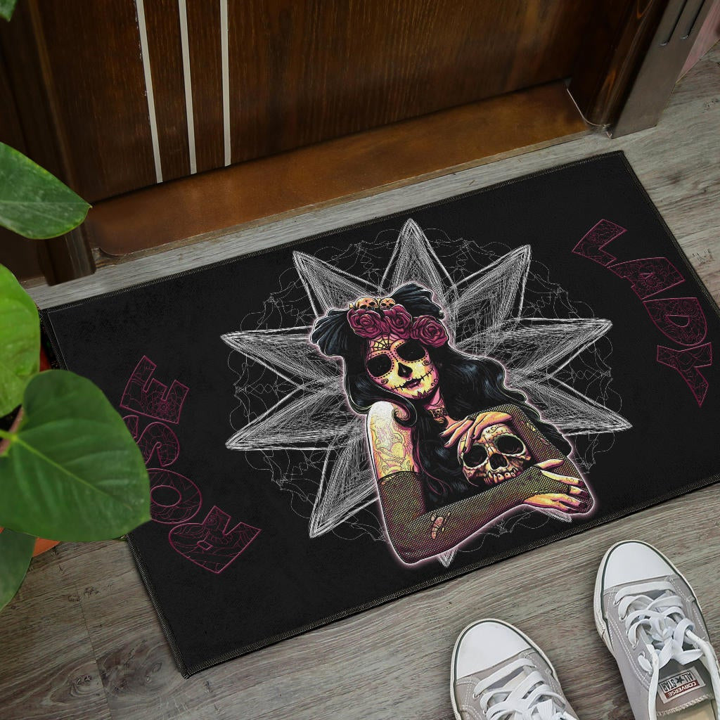 Skull Door Mat - Pretty Death Rose Lady Hug Skull Head Door Mat Home Decor