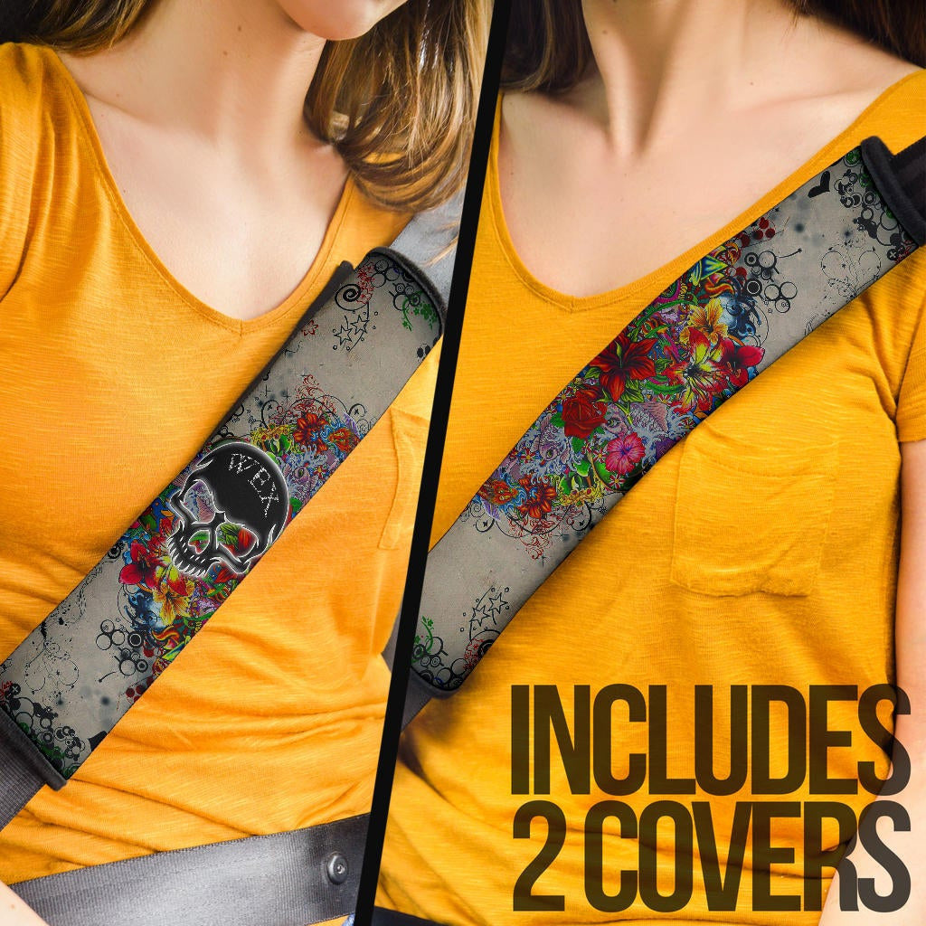 Skull Seat Belt Covers - Neon Skull Love Colorful Graffiti Tattoo Belt Covers
