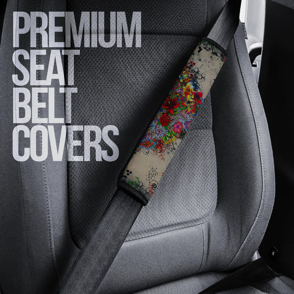 Skull Seat Belt Covers - Neon Skull Love Colorful Graffiti Tattoo Belt Covers