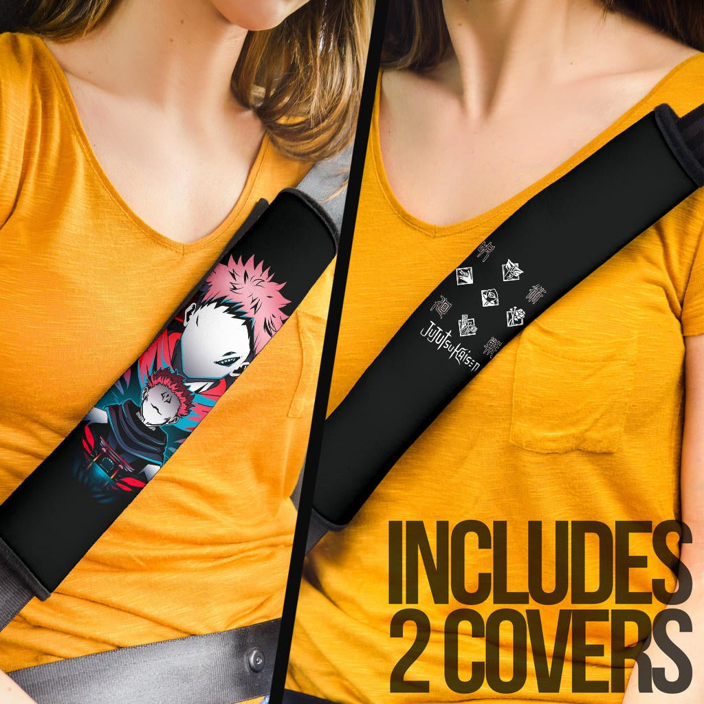 Jujutsu Kaisen Anime Seat Belt Covers - Sukuna And Yuji No Face White Kanji Patterns Belt Covers