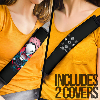Jujutsu Kaisen Anime Seat Belt Covers - Sukuna And Yuji No Face White Kanji Patterns Belt Covers