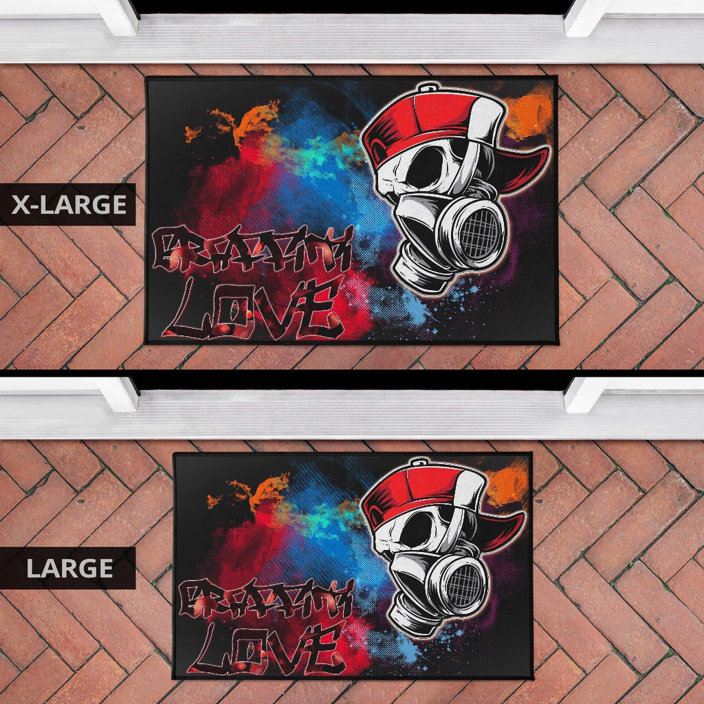 Skull Door Mat - Graffiti Love Skull Wearing Street Style Hat Door Mat Home Decor