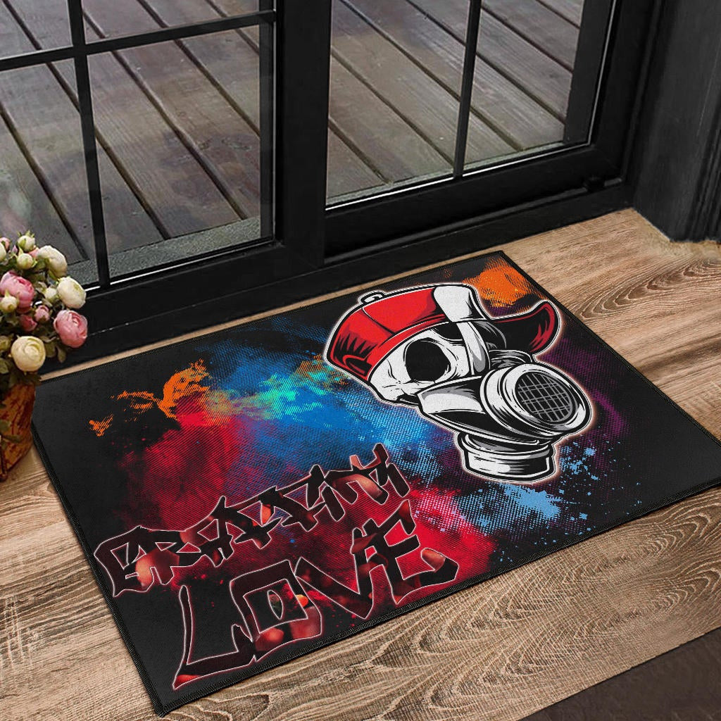 Skull Door Mat - Graffiti Love Skull Wearing Street Style Hat Door Mat Home Decor