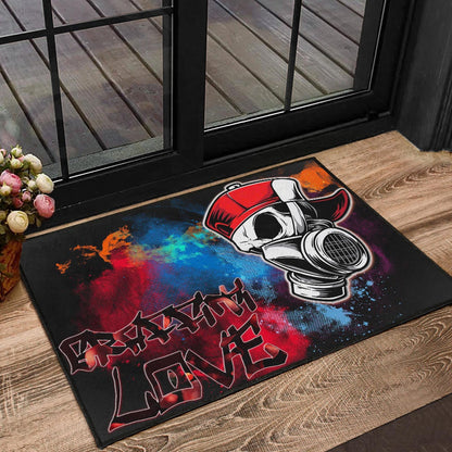 Skull Door Mat - Graffiti Love Skull Wearing Street Style Hat Door Mat Home Decor