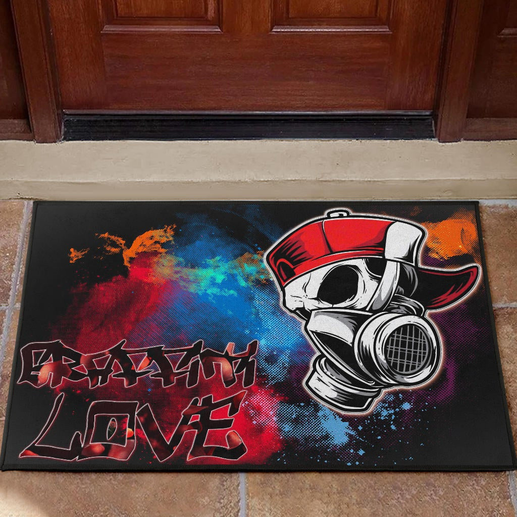 Skull Door Mat - Graffiti Love Skull Wearing Street Style Hat Door Mat Home Decor