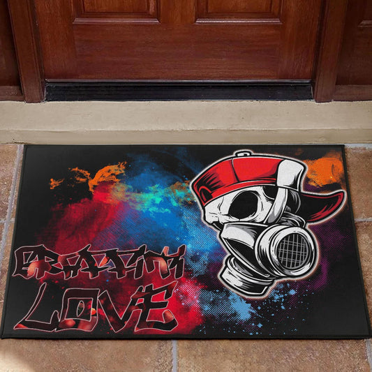 Skull Door Mat - Graffiti Love Skull Wearing Street Style Hat Door Mat Home Decor